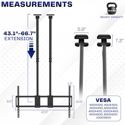 Dual Pole Extra Large 60” to 120” TV Ceiling Mount with Extension Pole