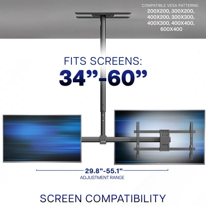 Ceiling mount for 2 TVs with screen and VESA compatibility details on a white background