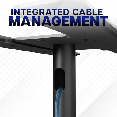Integrated cable management system with a blue cable running through it on a white background.
