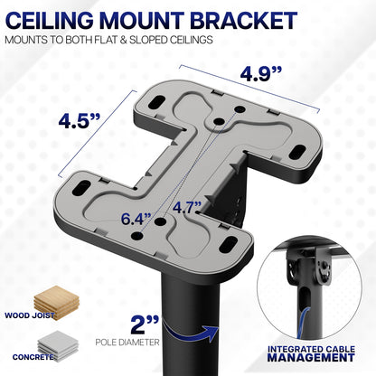 TV ceiling mount bracket with dimensions and installation details on a white background