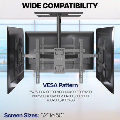 TV ceiling mount with compatibility details on a blurred indoor background
