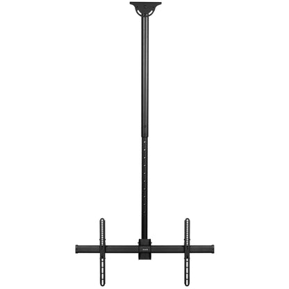 Large heavy-duty TV ceiling mount with height adjustable 5-foot extension pole with swivel and tilt and built-in cable management. Compatible with flat or sloped ceilings and wood, brick, and concrete mounting surfaces.