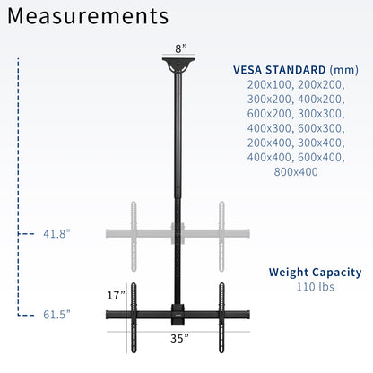 Large heavy-duty TV ceiling mount with height adjustable 5-foot extension pole with swivel and tilt and built-in cable management. Compatible with flat or sloped ceilings and wood, brick, and concrete mounting surfaces.