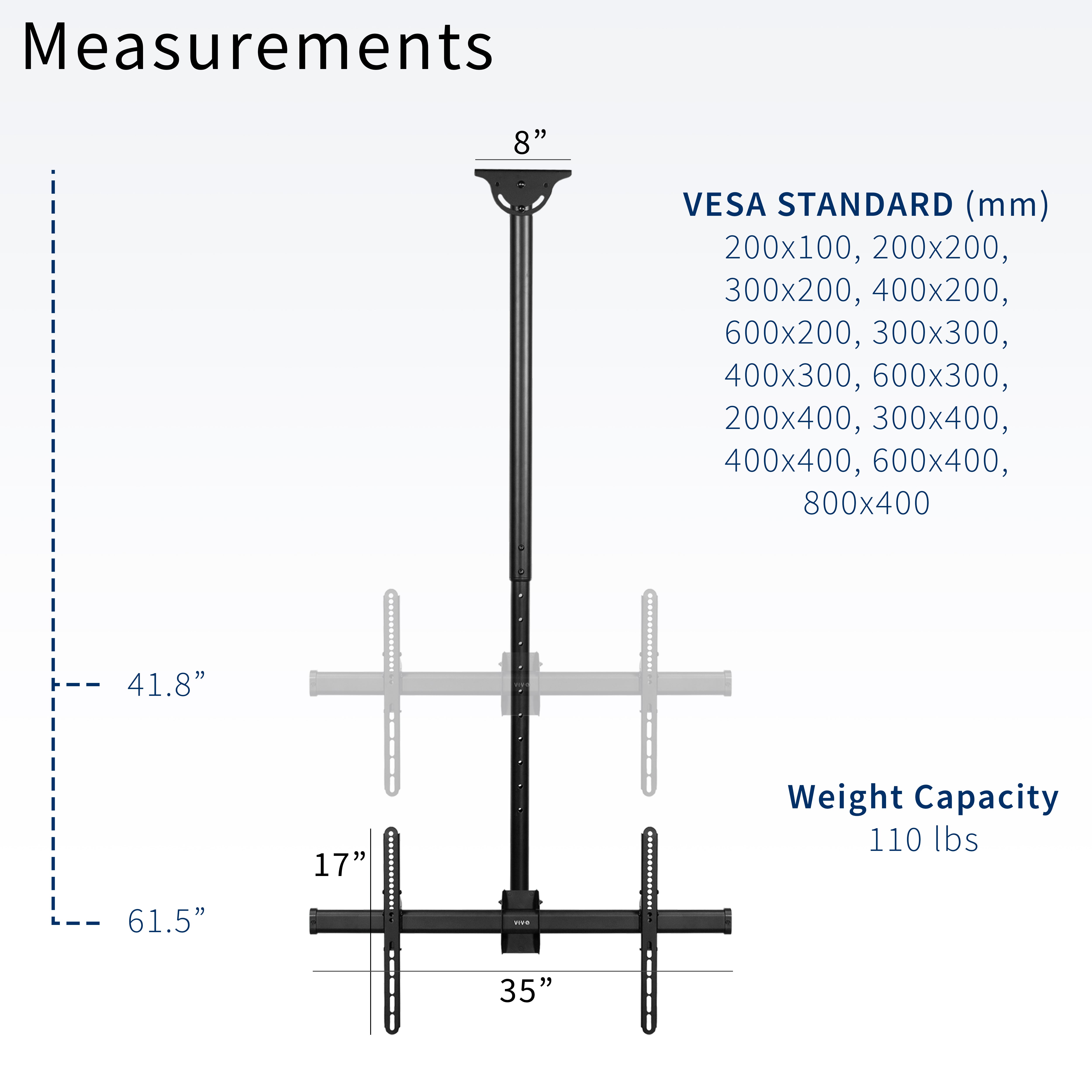 Large heavy-duty TV ceiling mount with height adjustable 5-foot extension pole with swivel and tilt and built-in cable management. Compatible with flat or sloped ceilings and wood, brick, and concrete mounting surfaces.