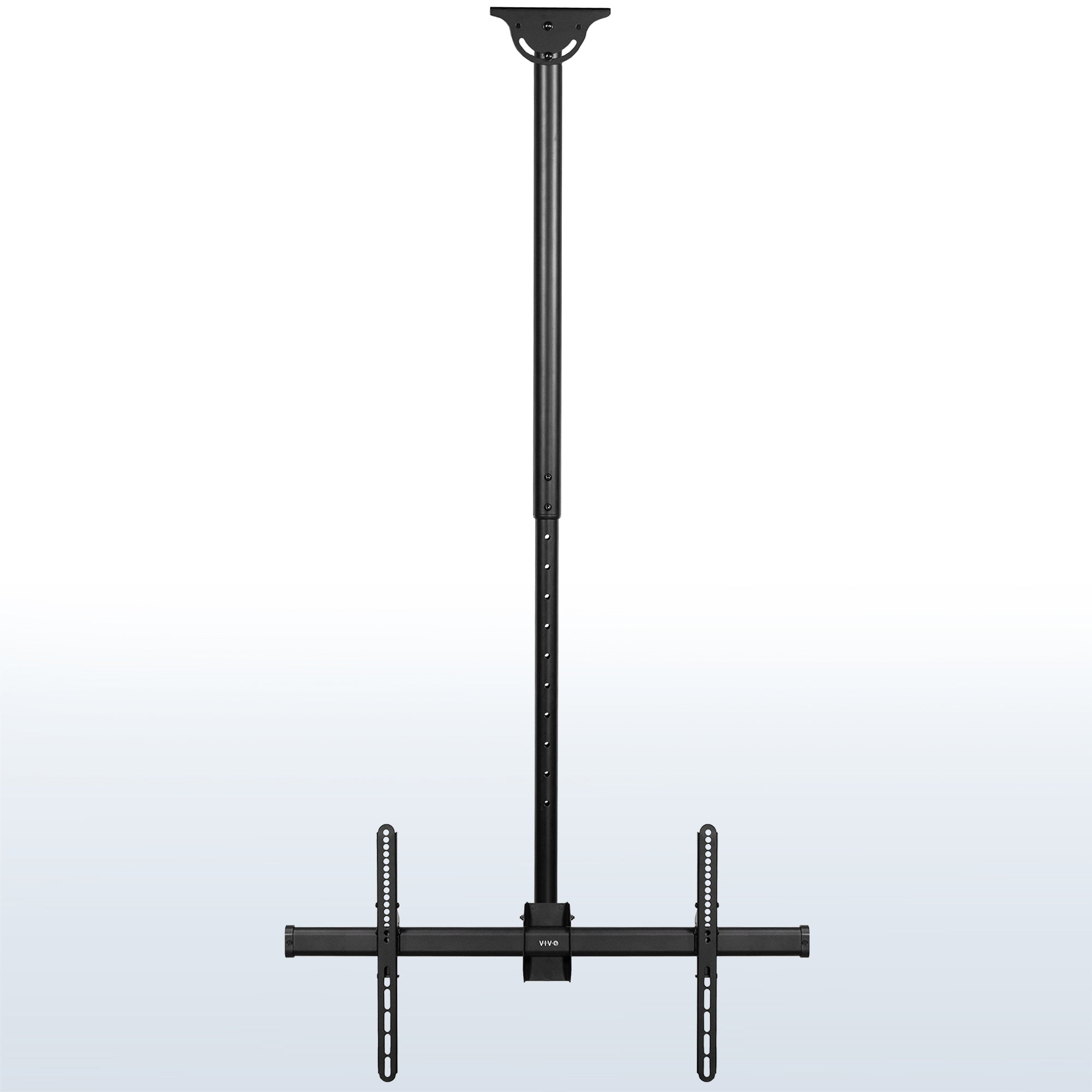 Large heavy-duty TV ceiling mount with height adjustable 5-foot extension pole with swivel and tilt and built-in cable management. Compatible with flat or sloped ceilings and wood, brick, and concrete mounting surfaces.