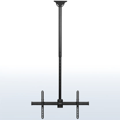 Large heavy-duty TV ceiling mount with height adjustable 5-foot extension pole with swivel and tilt and built-in cable management. Compatible with flat or sloped ceilings and wood, brick, and concrete mounting surfaces.