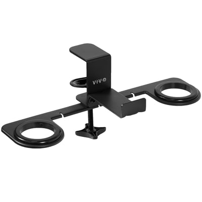 Clamp-on VR headset stand that mounts to desk for storage and convenient access.