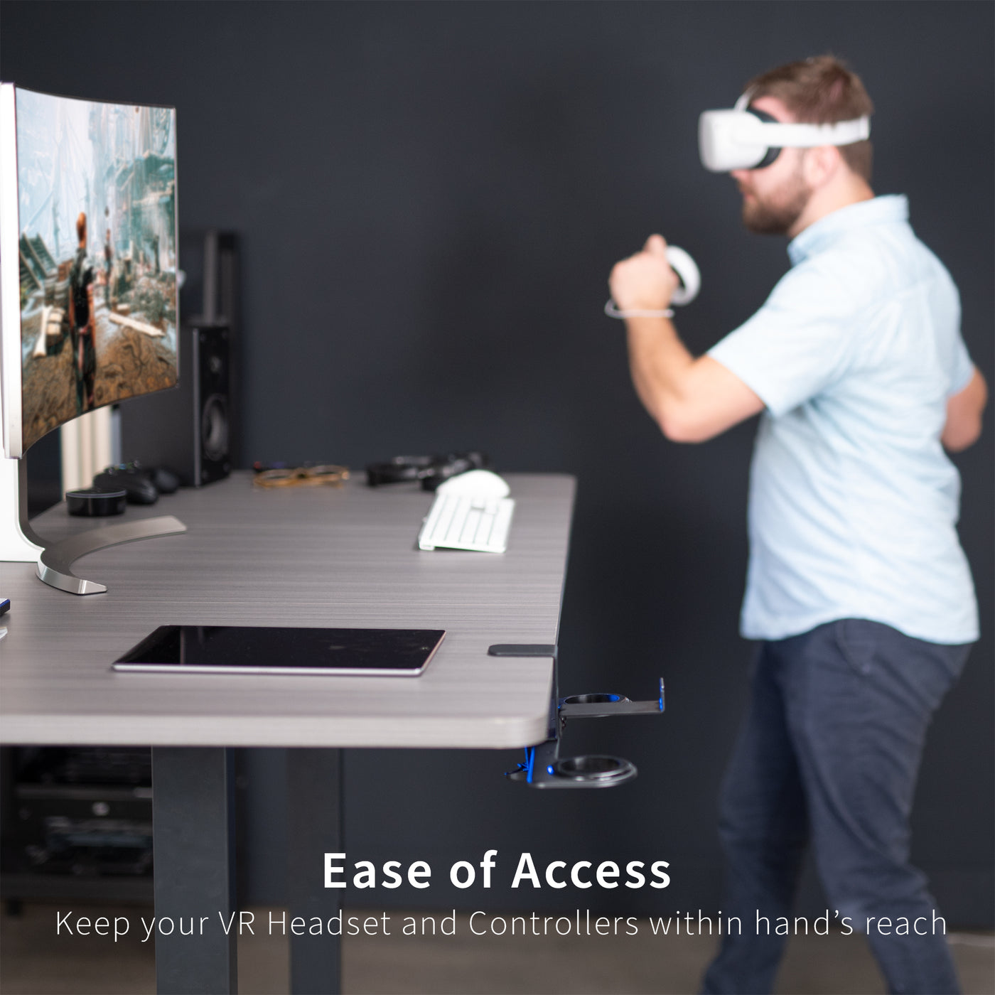 Clamp-on VR headset stand that mounts to desk for storage and convenient access.
