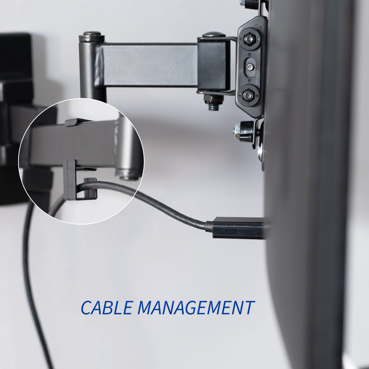 Sturdy adjustable single monitor ergonomic wall mount for office workstation with integrated cable management.