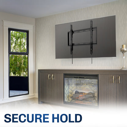 Wall-mounted TV above a fireplace with text.