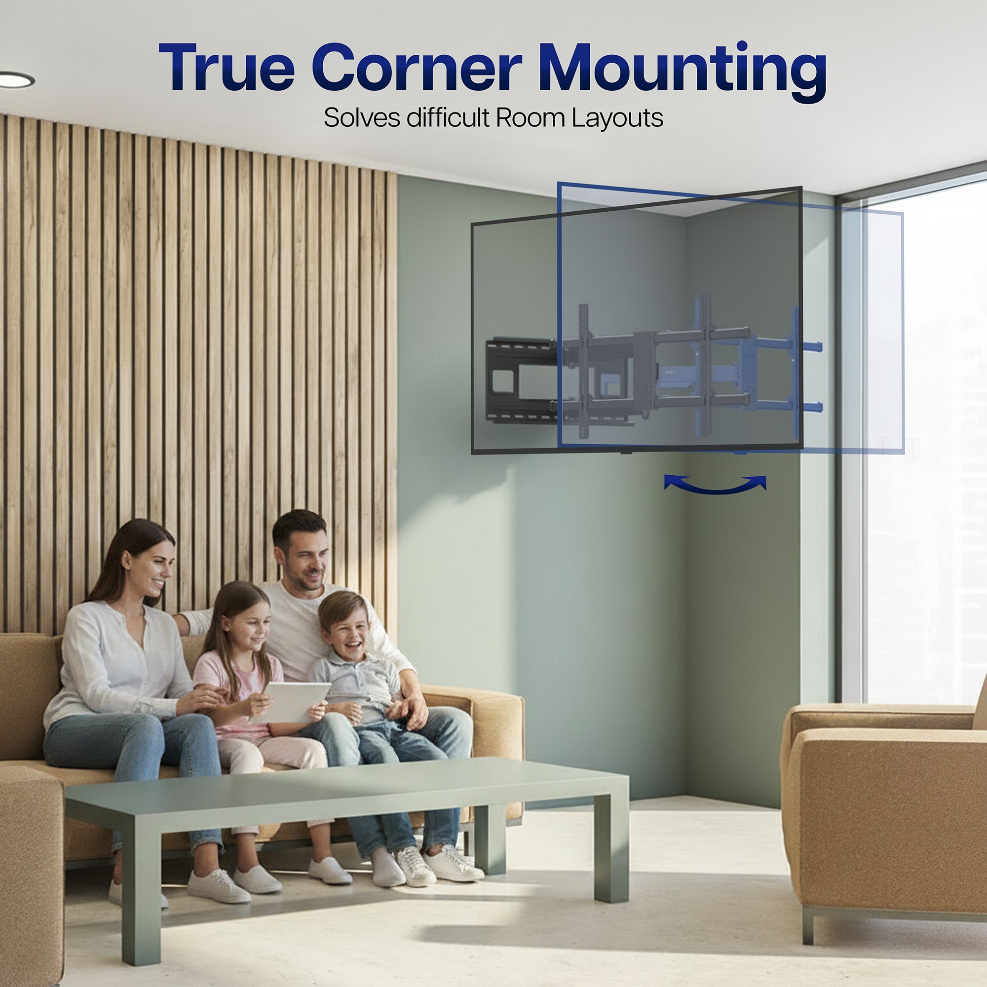Family sitting on a couch in a living room with a TV mounted on the wall, emphasizing 'True Corner Mounting'.