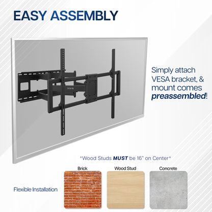 TV wall mount with VESA brackets featured on a white background, showing easy assembly and flexible installation options.