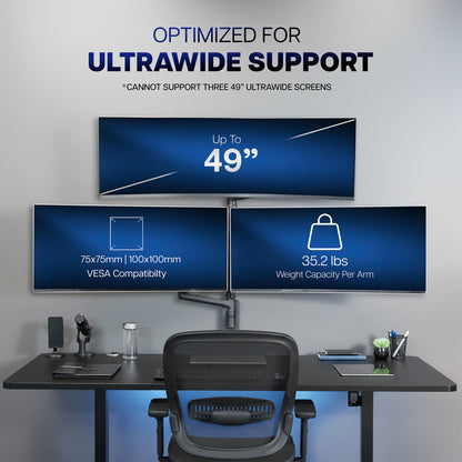 Desk setup with three monitors and chair, featuring text about ultrawide support.