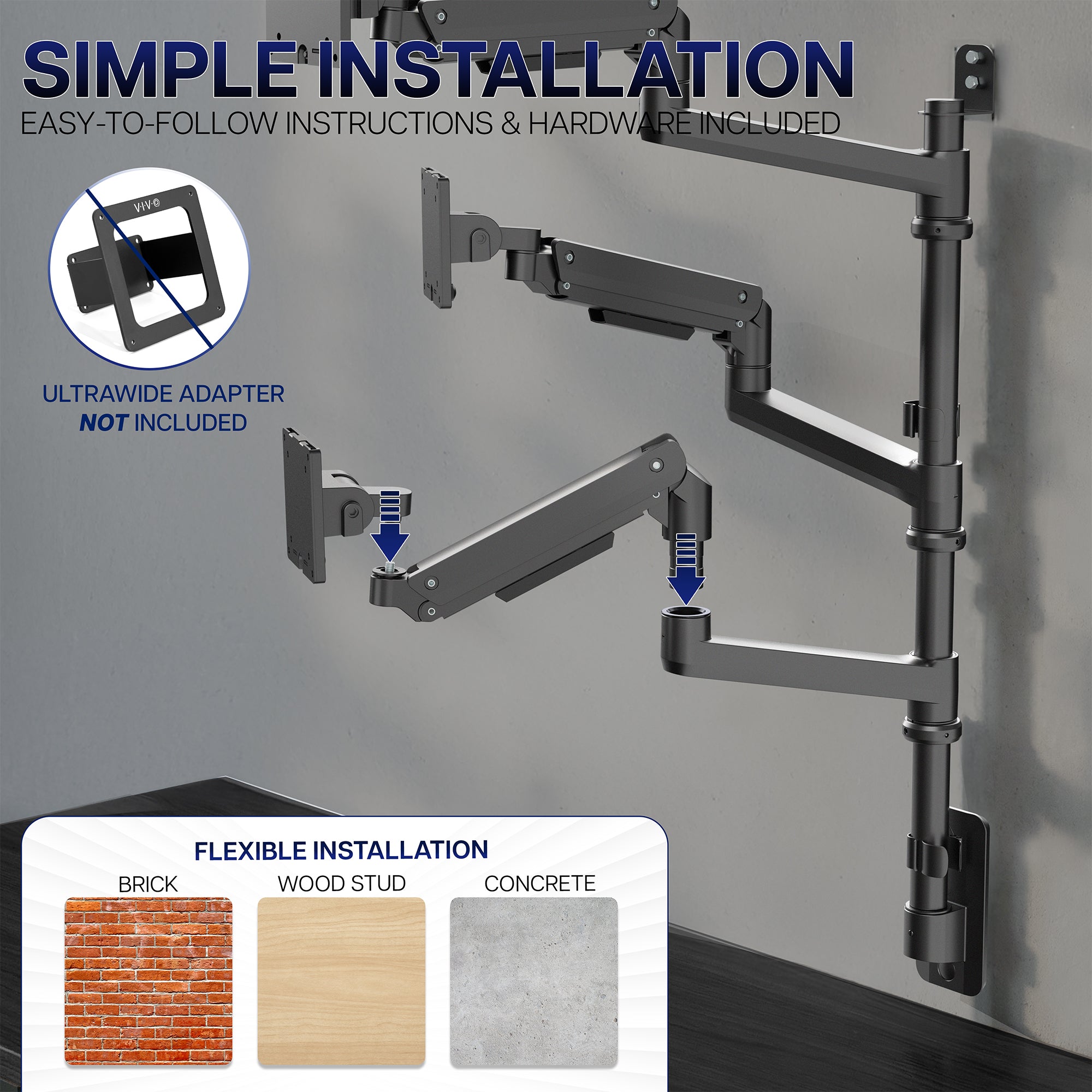 Black adjustable wall mount with installation instructions and material compatibility on a gray background