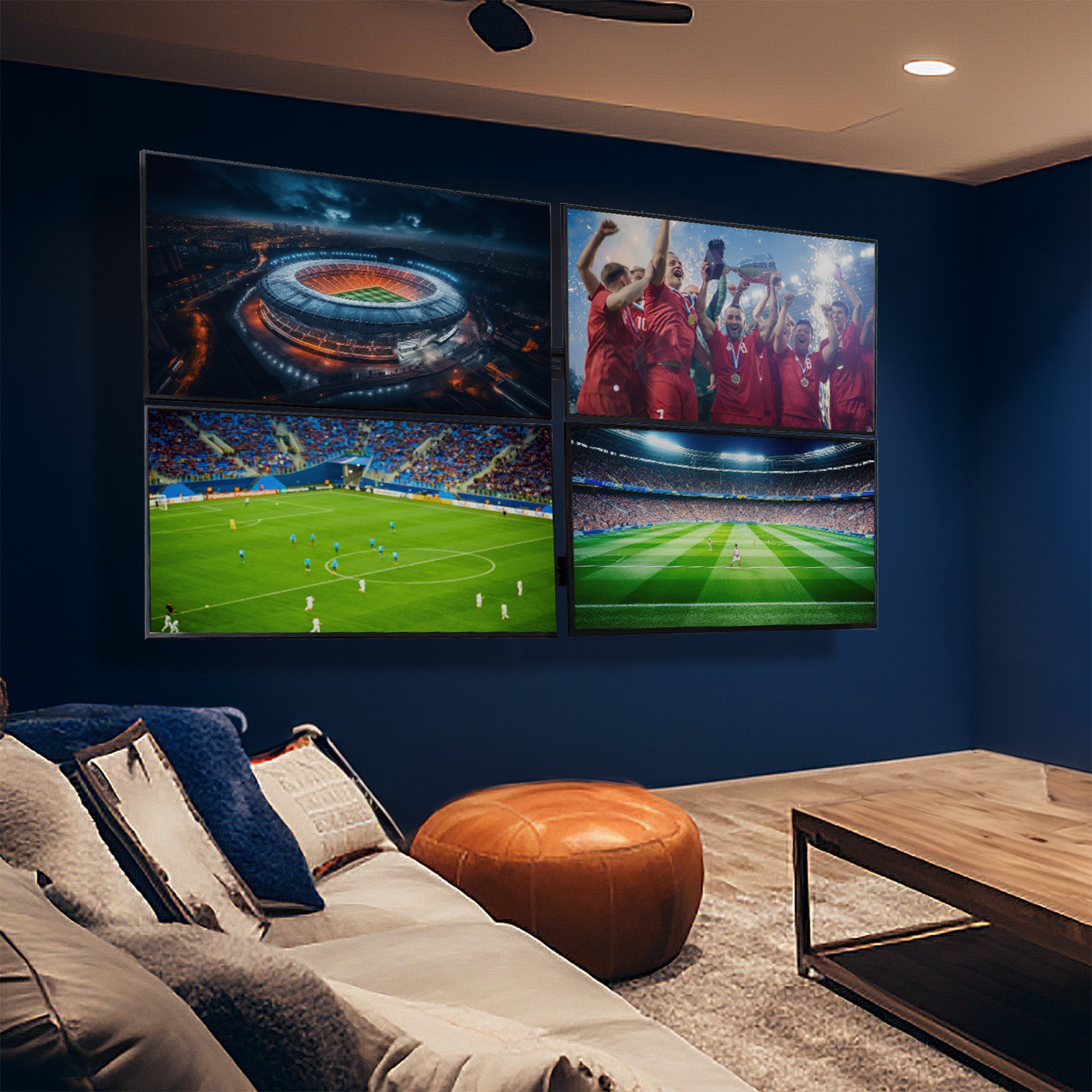 VIVO 2x2 Pop-Out Video Wall Mount for a large 4-TV display in a home setting.