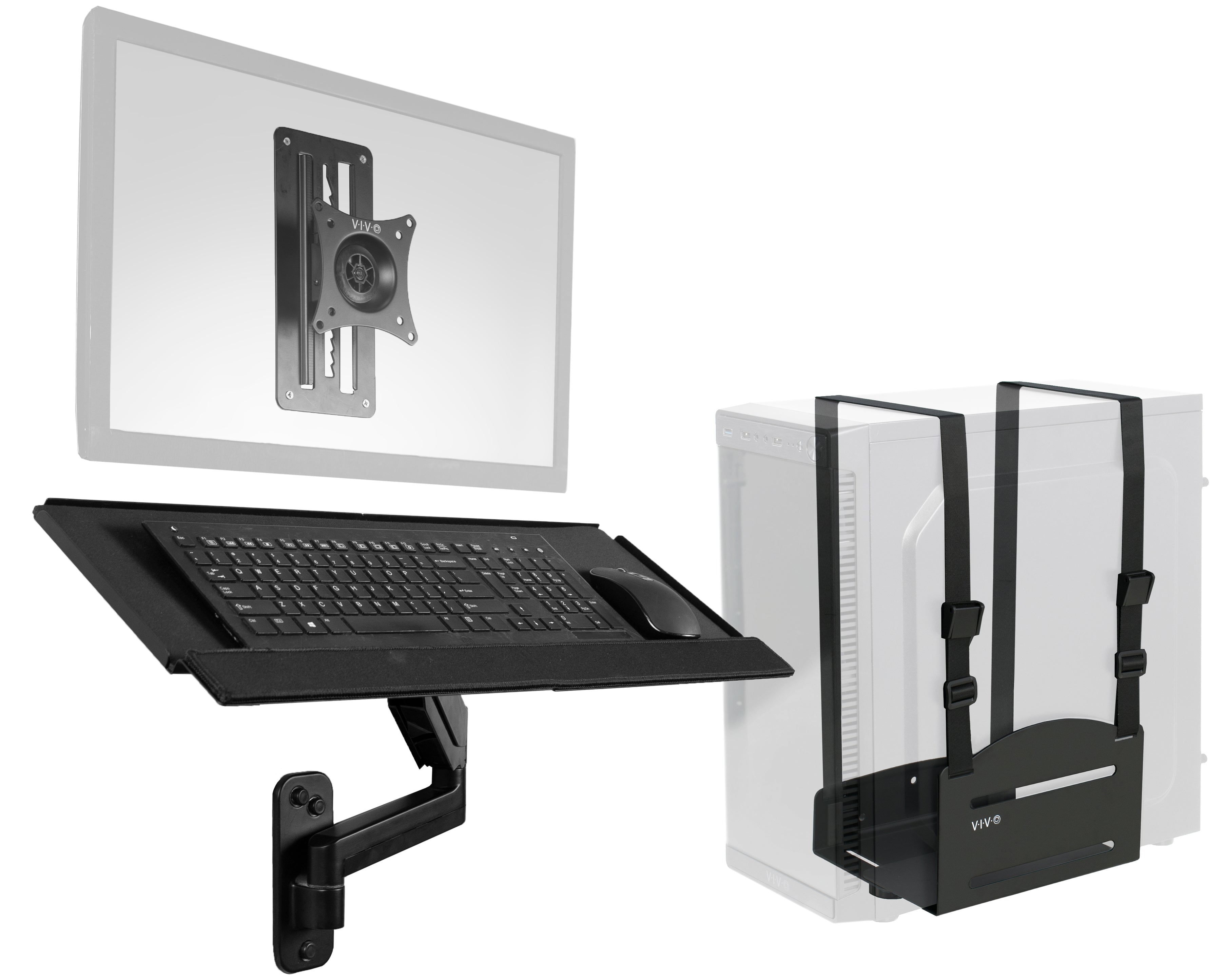 Single monitor height adjustable wall mount, articulating wall mounted keyboard tray, and PC wall mount with adjustable straps.