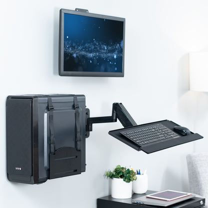 Single monitor height adjustable wall mount, articulating wall mounted keyboard tray, and PC wall mount with adjustable straps.