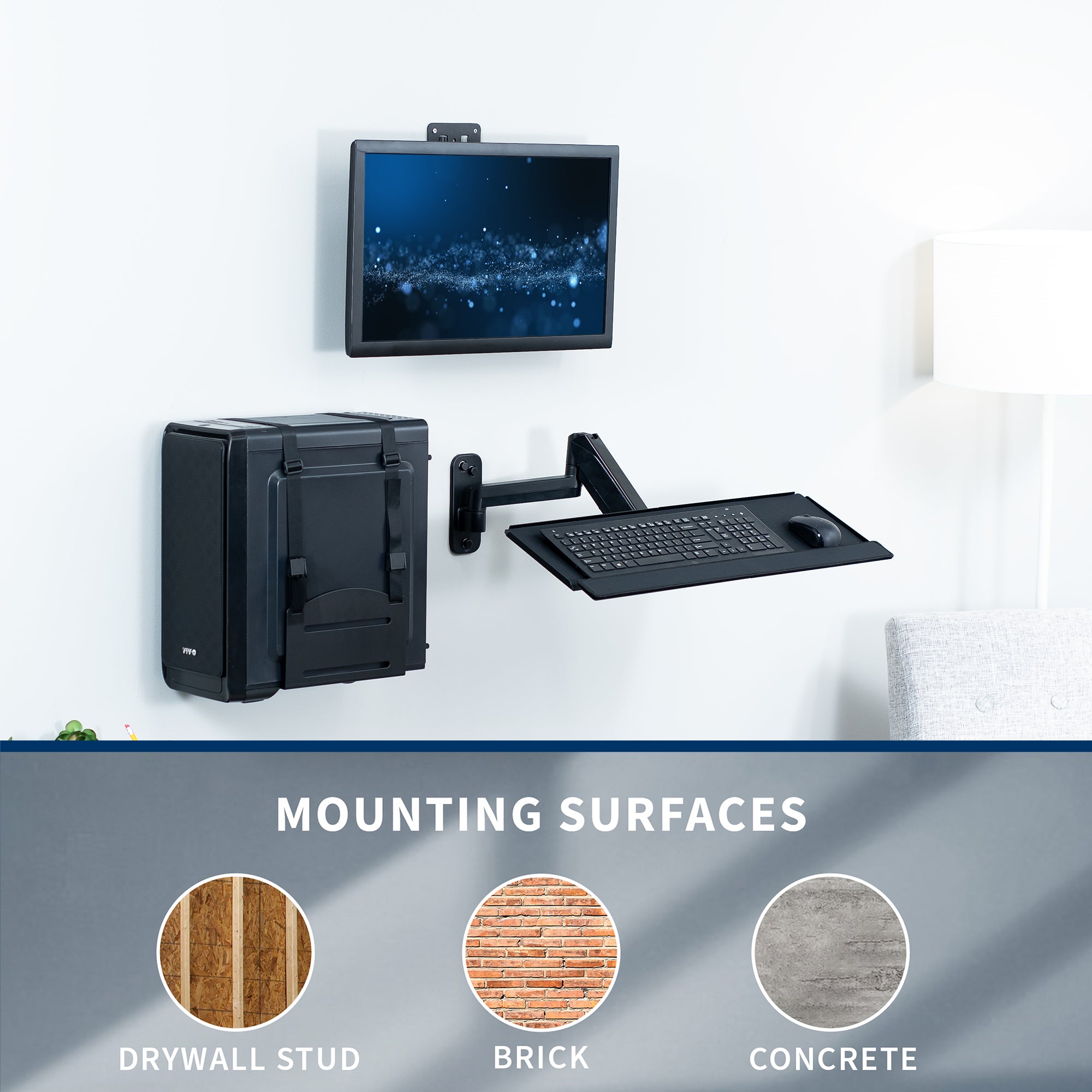 Single monitor height adjustable wall mount, articulating wall mounted keyboard tray, and PC wall mount with adjustable straps.