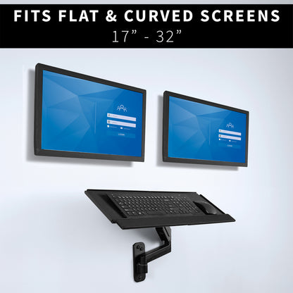 Dual monitor wall mount and height adjustable keyboard tray create a complete wall-mounted workstation.