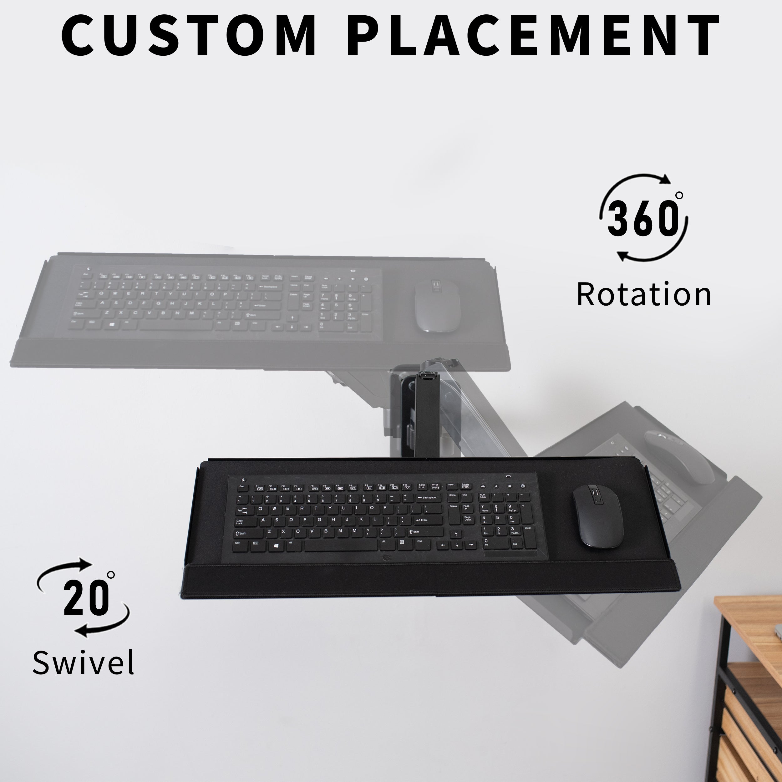 Multi-tier shelf on wheels below and wall-mounted workstation keyboard and monitor mounted above.