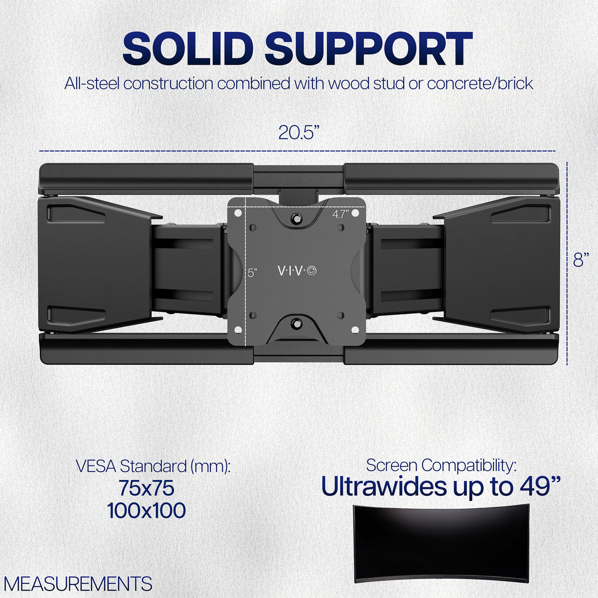 Low Profile Telescoping Ultrawide Monitor Wall Mount - Up to 49