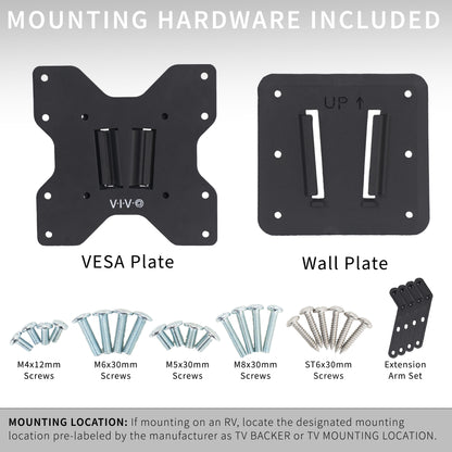 Anti-rust RV VESA TV mount for large screens featuring easy installation and removal and all necessary hardware included. Suitable for indoor or outdoor mounting.