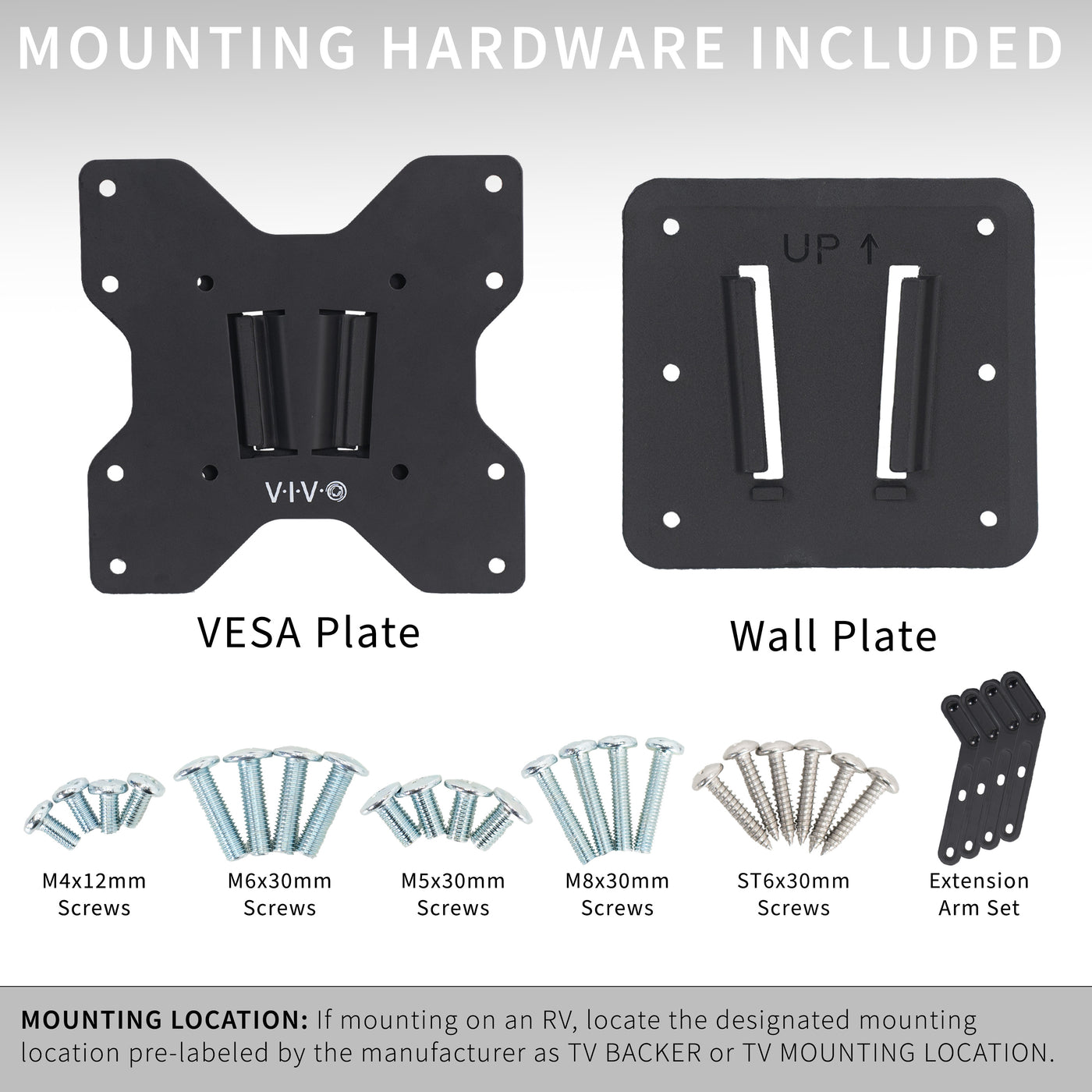 Anti-rust RV VESA TV mount for large screens featuring easy installation and removal and all necessary hardware included. Suitable for indoor or outdoor mounting.