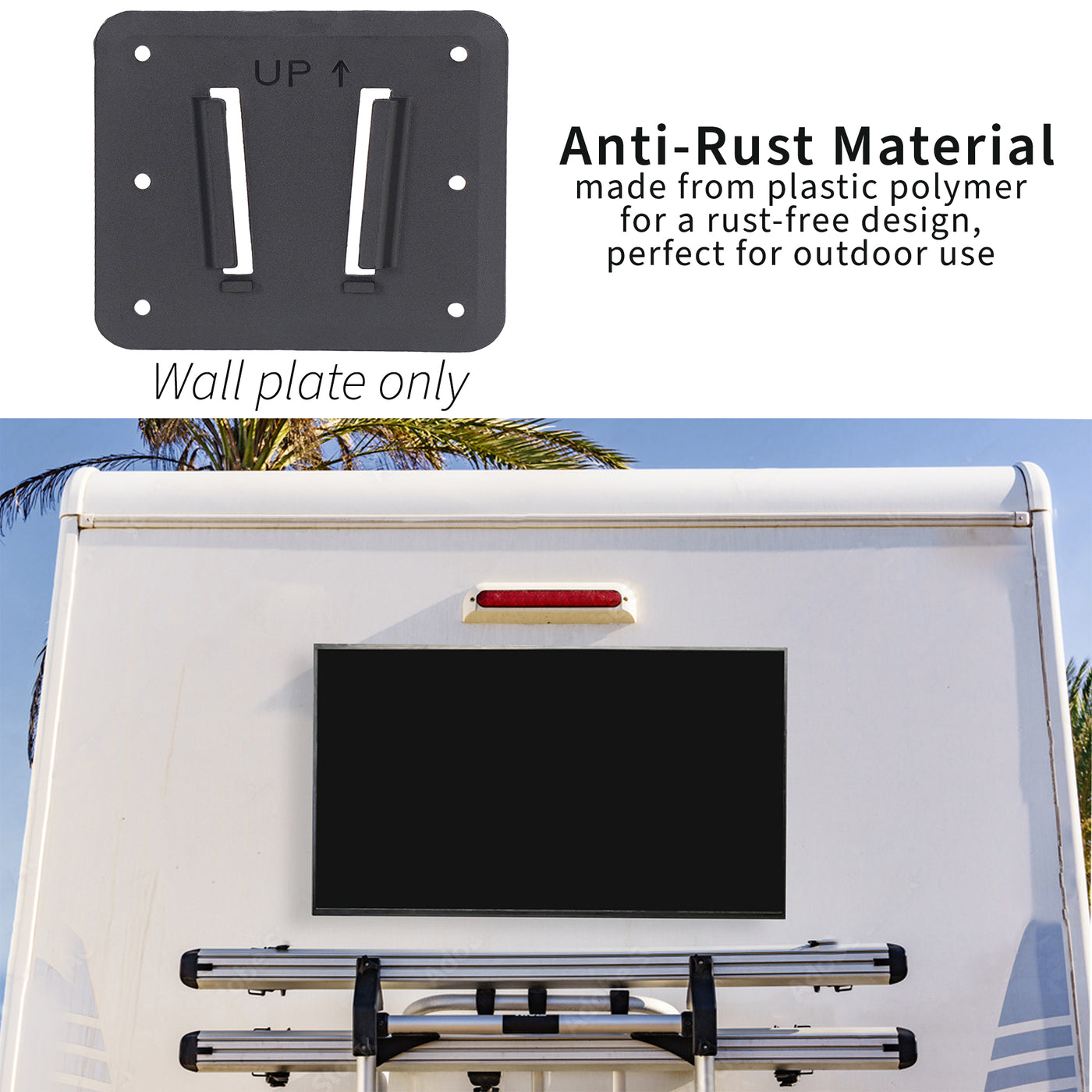 Anti-rust RV VESA TV mount for large screens featuring easy installation and removal and all necessary hardware included. Suitable for indoor or outdoor mounting.