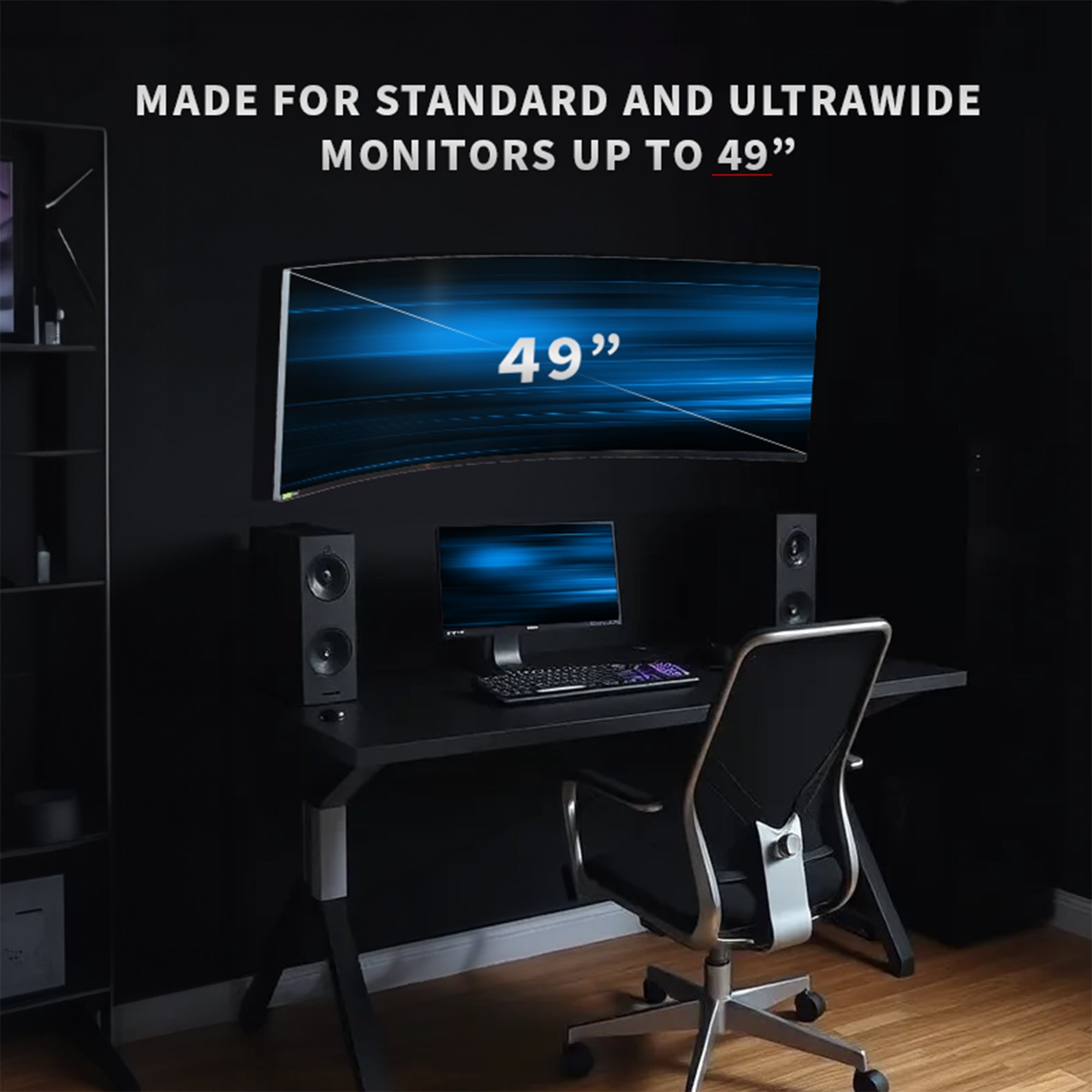 Articulating and height adjustable single ultrawide monitor wall mount.