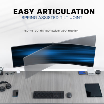 Articulating and height adjustable single ultrawide monitor wall mount with spring assisted tilt joint.