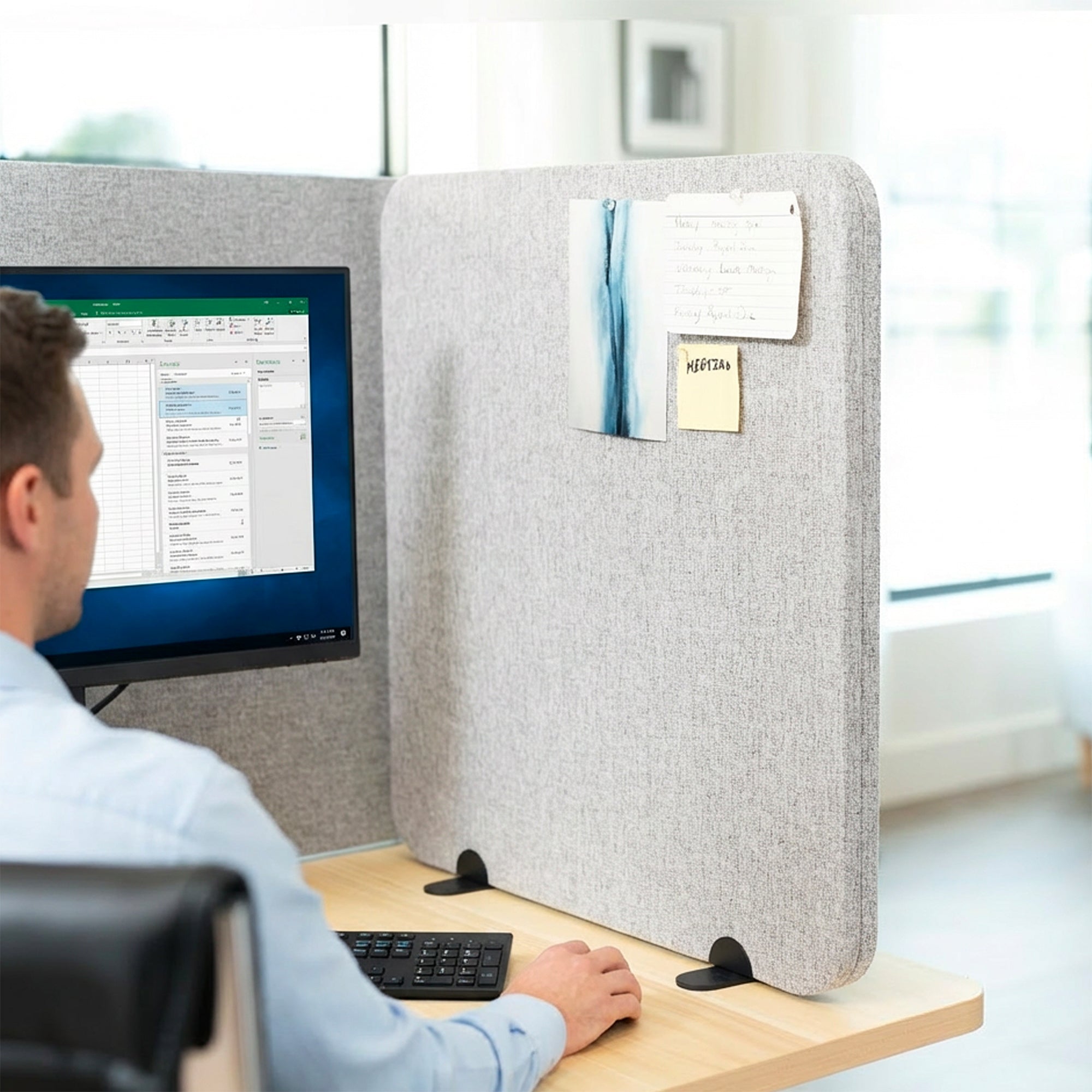 Person working at a desk with a gray desk privacy panel.