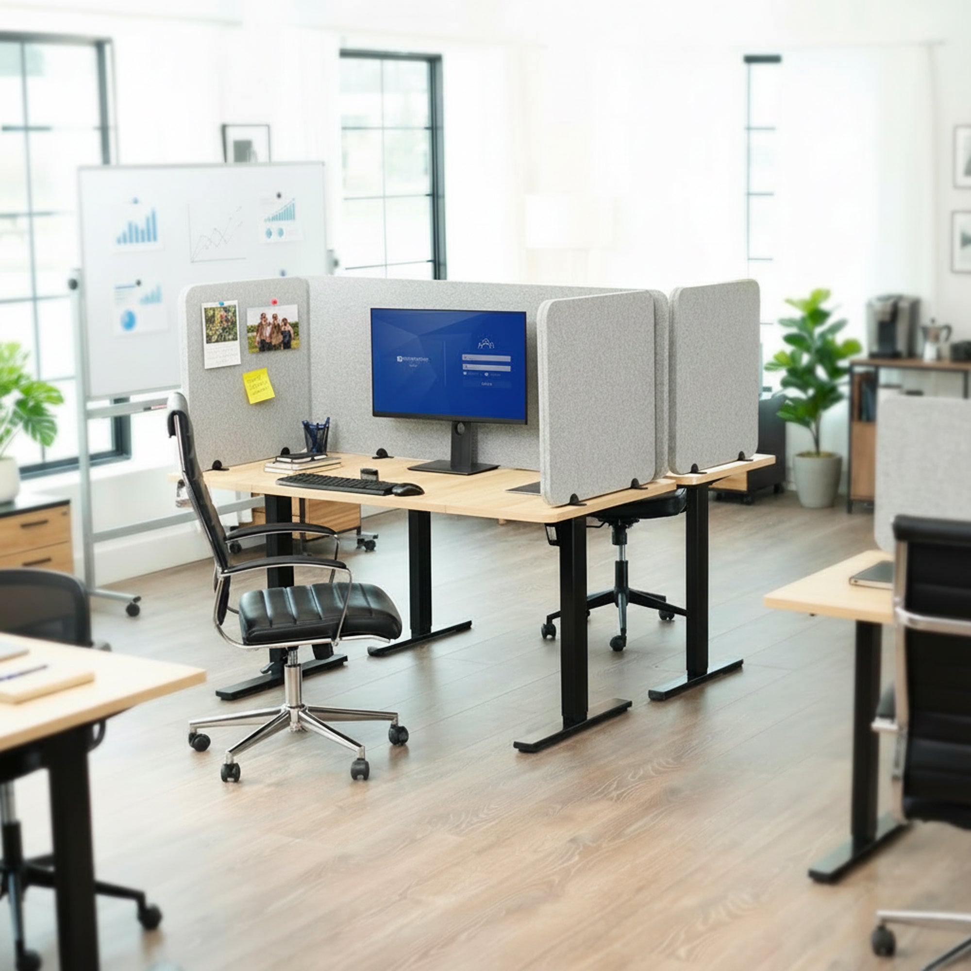 Modern office setup with standing desks and computer monitors with desk privacy panels