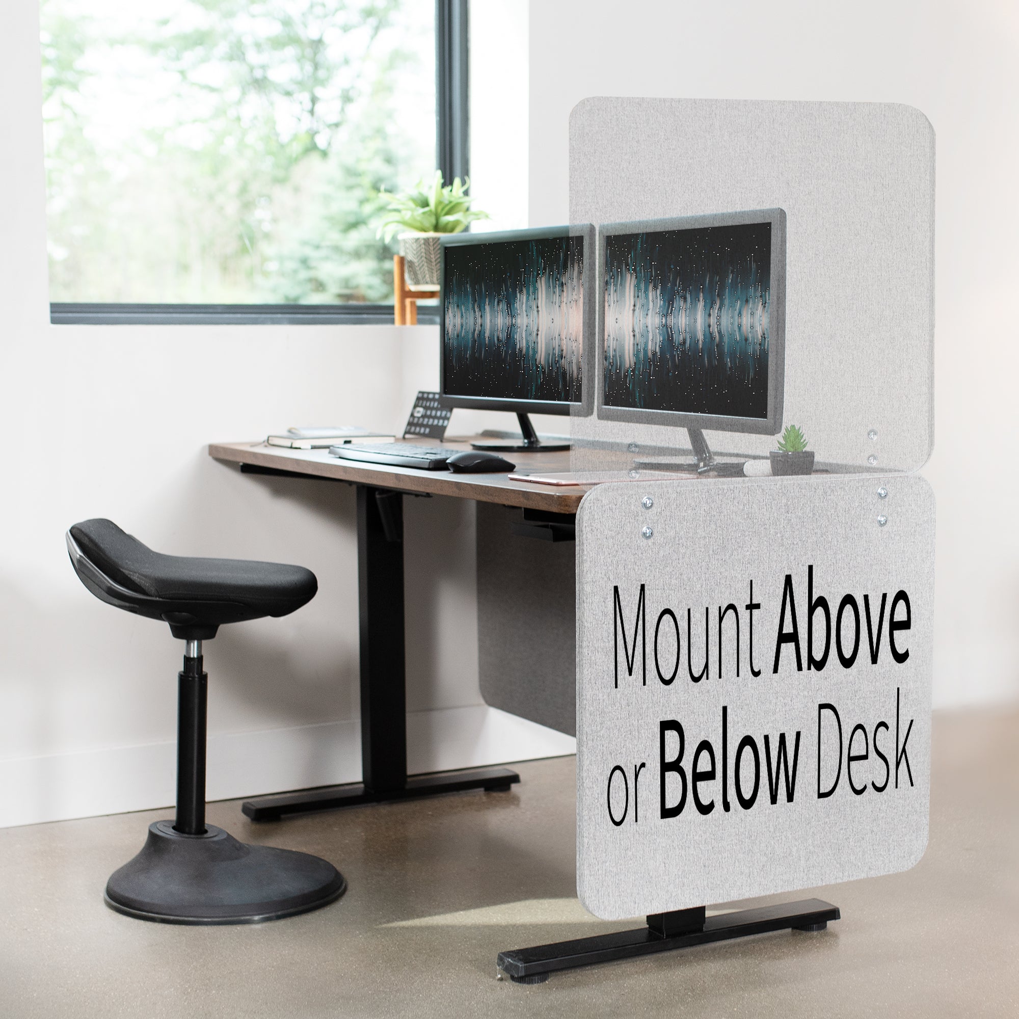 Clamp-on desk privacy panel for office workspace that mounts above desk or below desk.