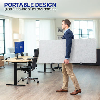 Man carrying a portable Privacy Panel in an office setting with text 'Portable Design, great for flexible office environments'.