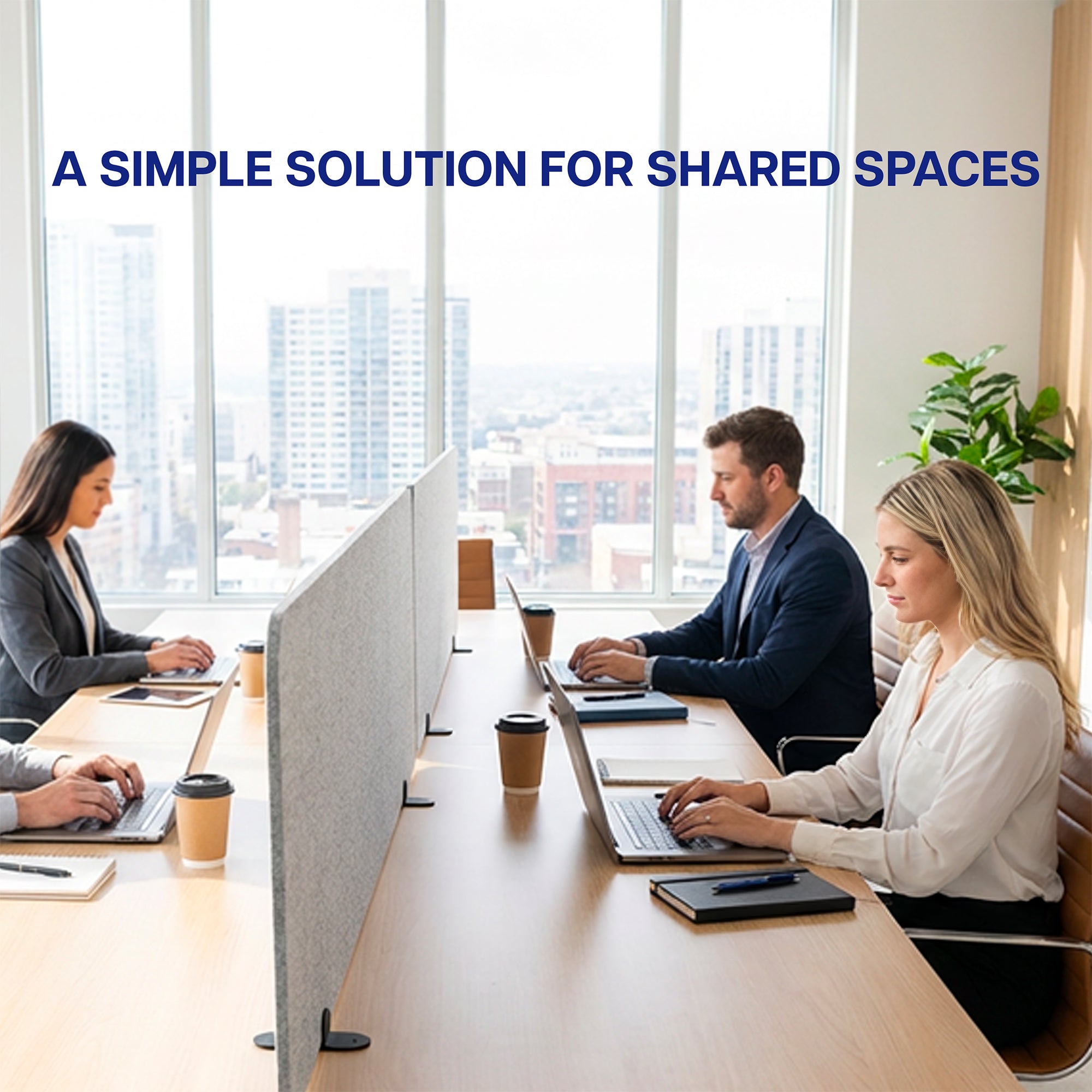 Three people working at a long table with laptops in an office setting with desk Privacy Panels