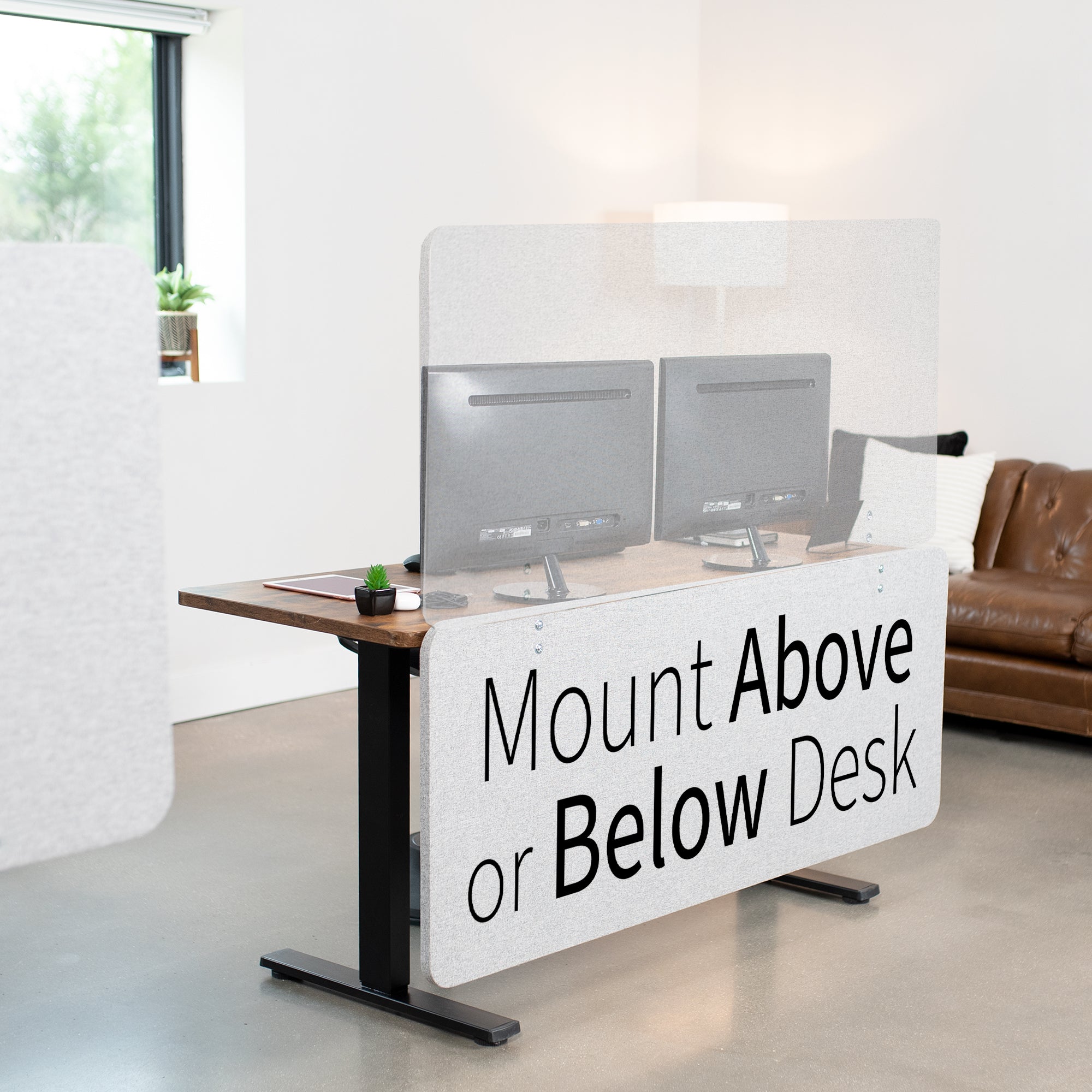 Clamp-on desk privacy panel for office workspace that mounts above desk or below desk.