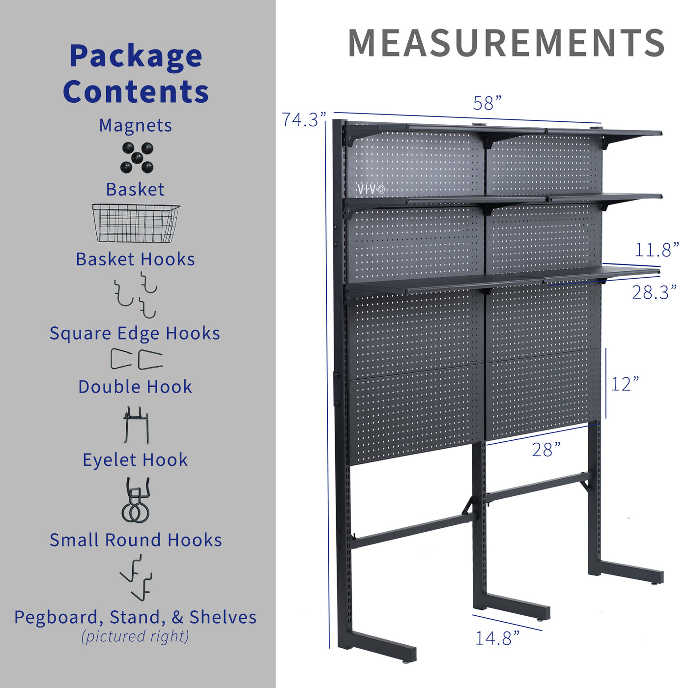 Large freestanding pegboard organizer with customizable setup for organization and space saving.