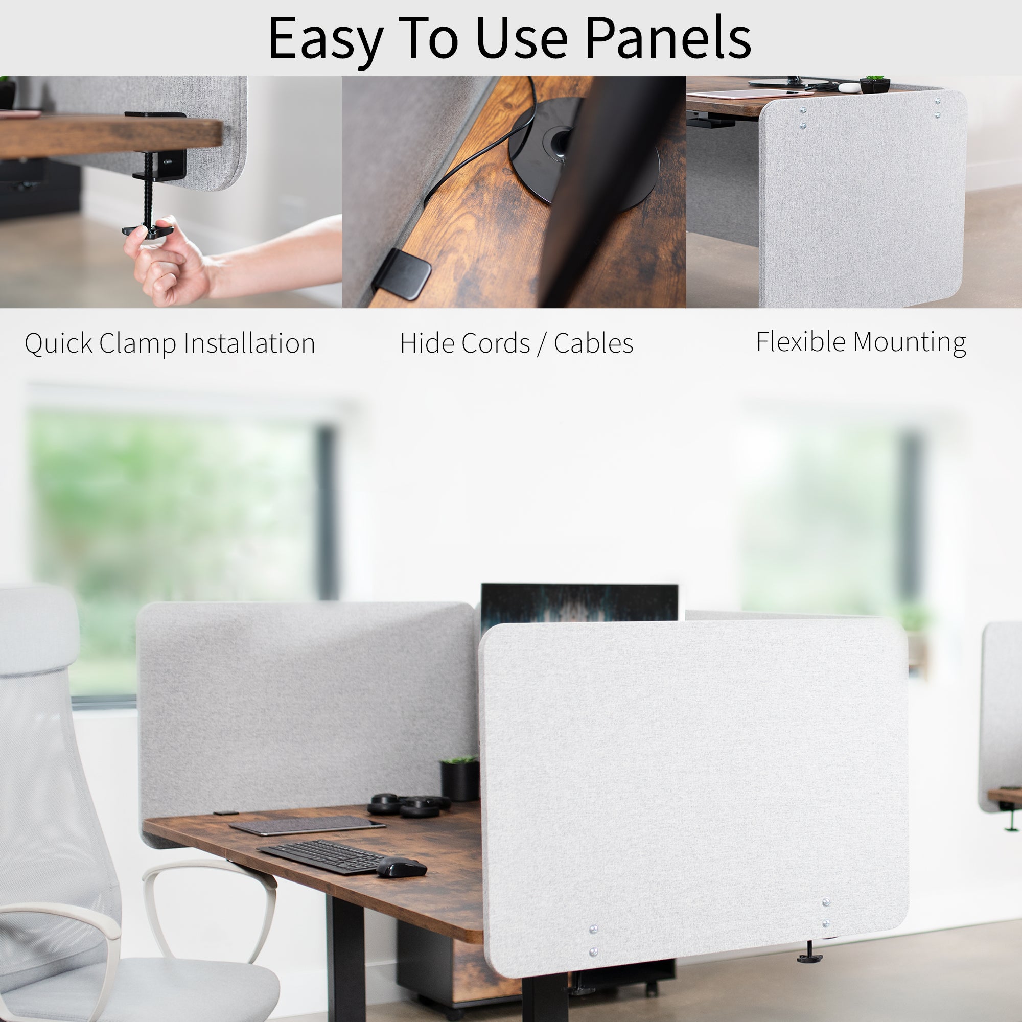 Easy mounting clamp-on desk privacy panel for office workspace.