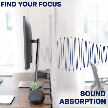 Sound absorption panel in an office setting with text 'Find Your Focus' and 'Sound Absorption'.