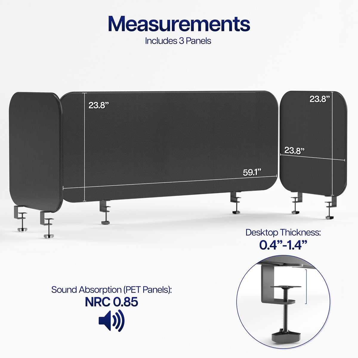 Clamp-On Stretched Fabric Desk Privacy Panel (x3)