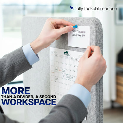 Tackable and customizable PET fabric on a grey freestanding room divider