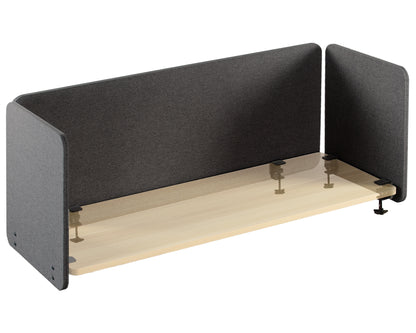 Clamp-on desk privacy panel for office workspace.