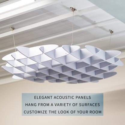 Sleek modern acoustic ceiling waffle panel with sturdy hanging wires for sound dampening.