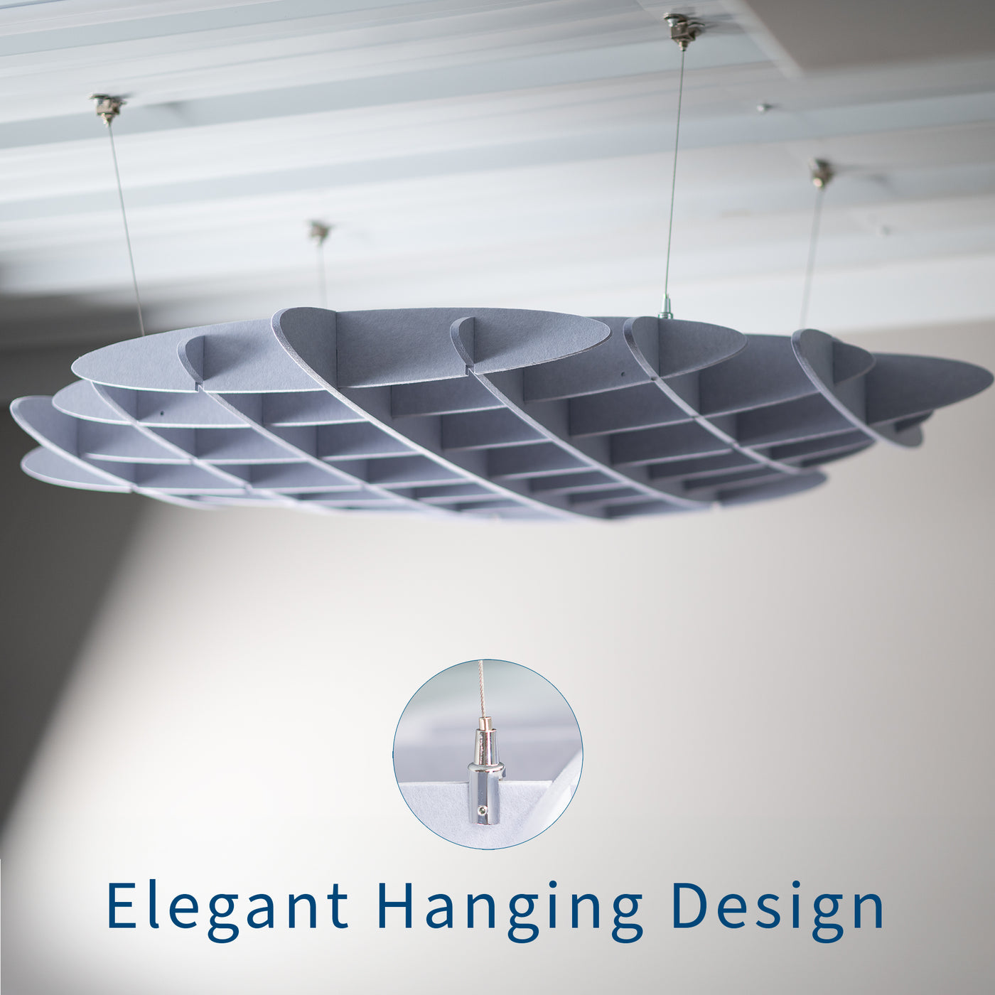 Sleek modern acoustic ceiling waffle panel with sturdy hanging wires for sound dampening.