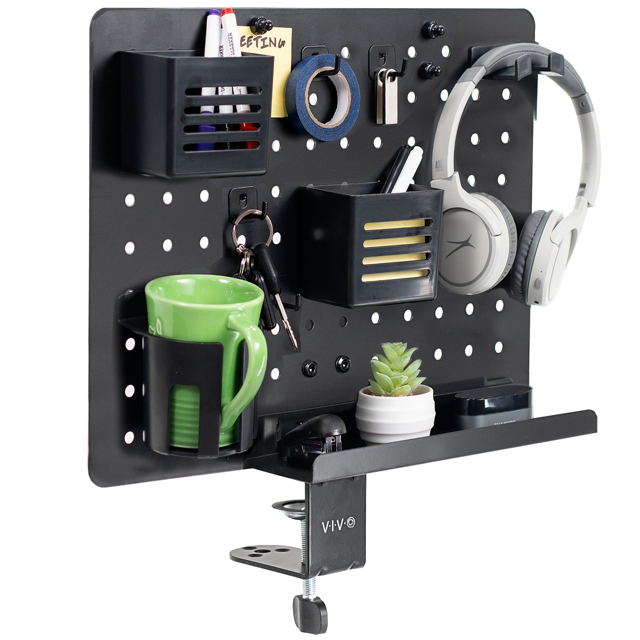 Clamp-on 360-degree rotating pegboard for storage and privacy with accessories included. Double-sided organization panel featuring above or below desk installation and an easy assembly process.