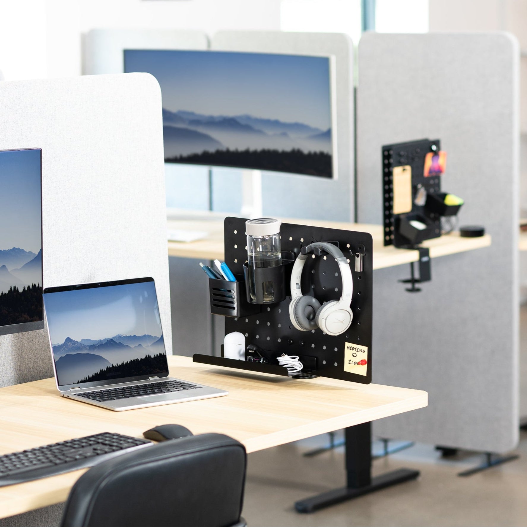 Clamp-on 360-degree rotating pegboard for storage and privacy with accessories included. Double-sided organization panel featuring above or below desk installation and an easy assembly process.