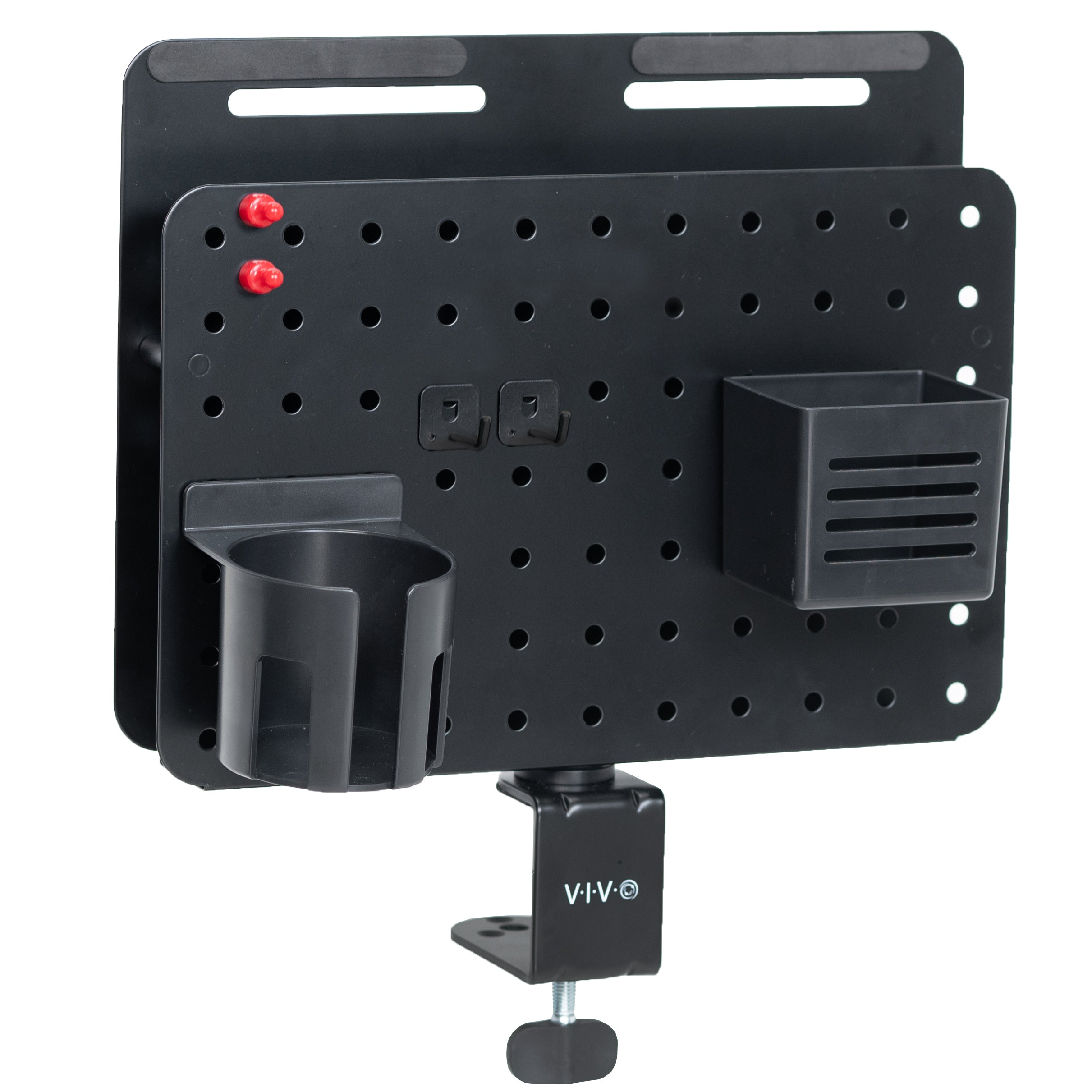 Clamp-on 360-degree rotating pegboard panel with laptop holder for storage and privacy with accessories included. Featuring flexible placement and an easy assembly process.