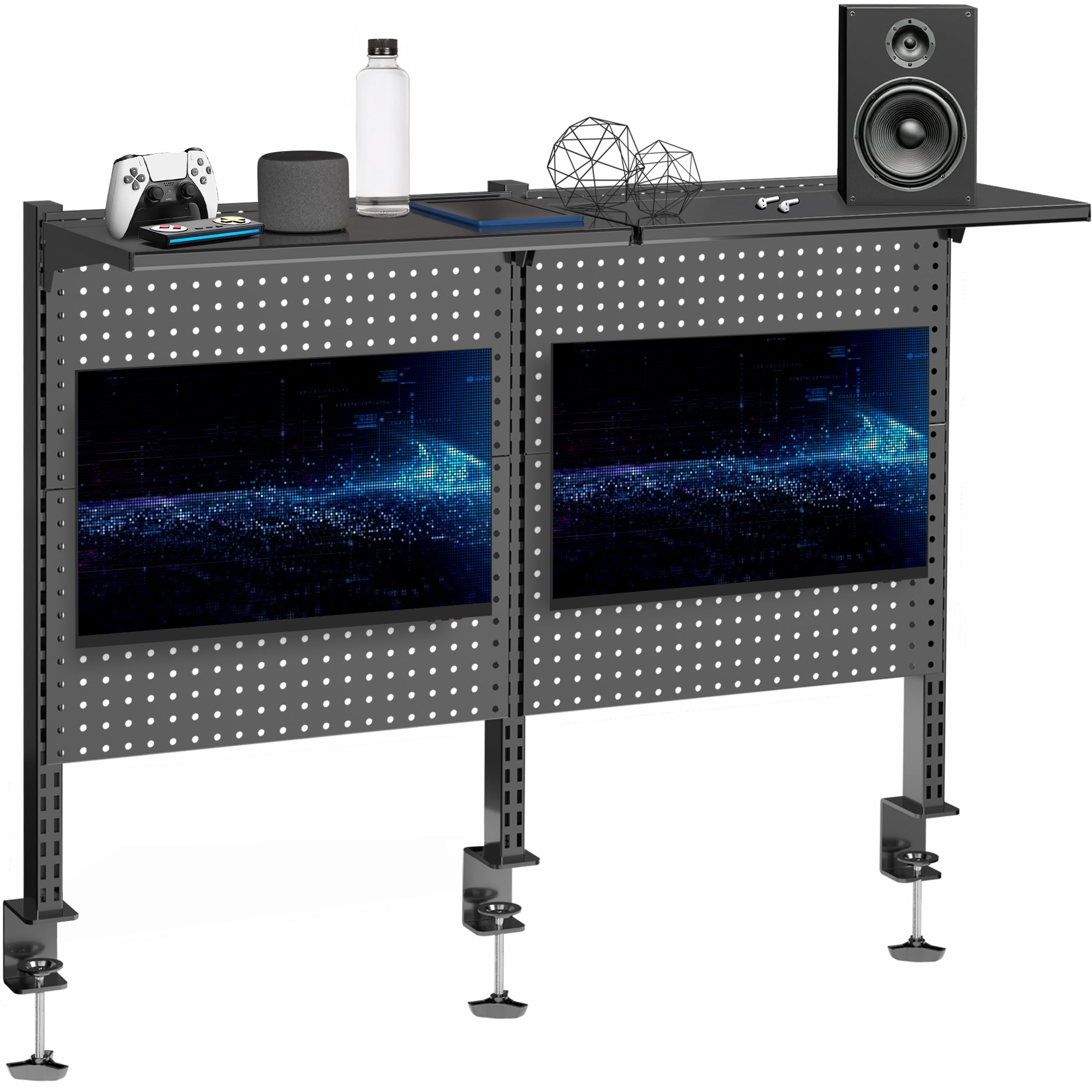 Pegboard Computer Clamp-on Pegboard with Monitor Mounts & Shelf - Up to 32