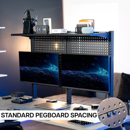 Clamp-on Pegboard with Monitor Mounts & Shelf - Up to 32" Screens