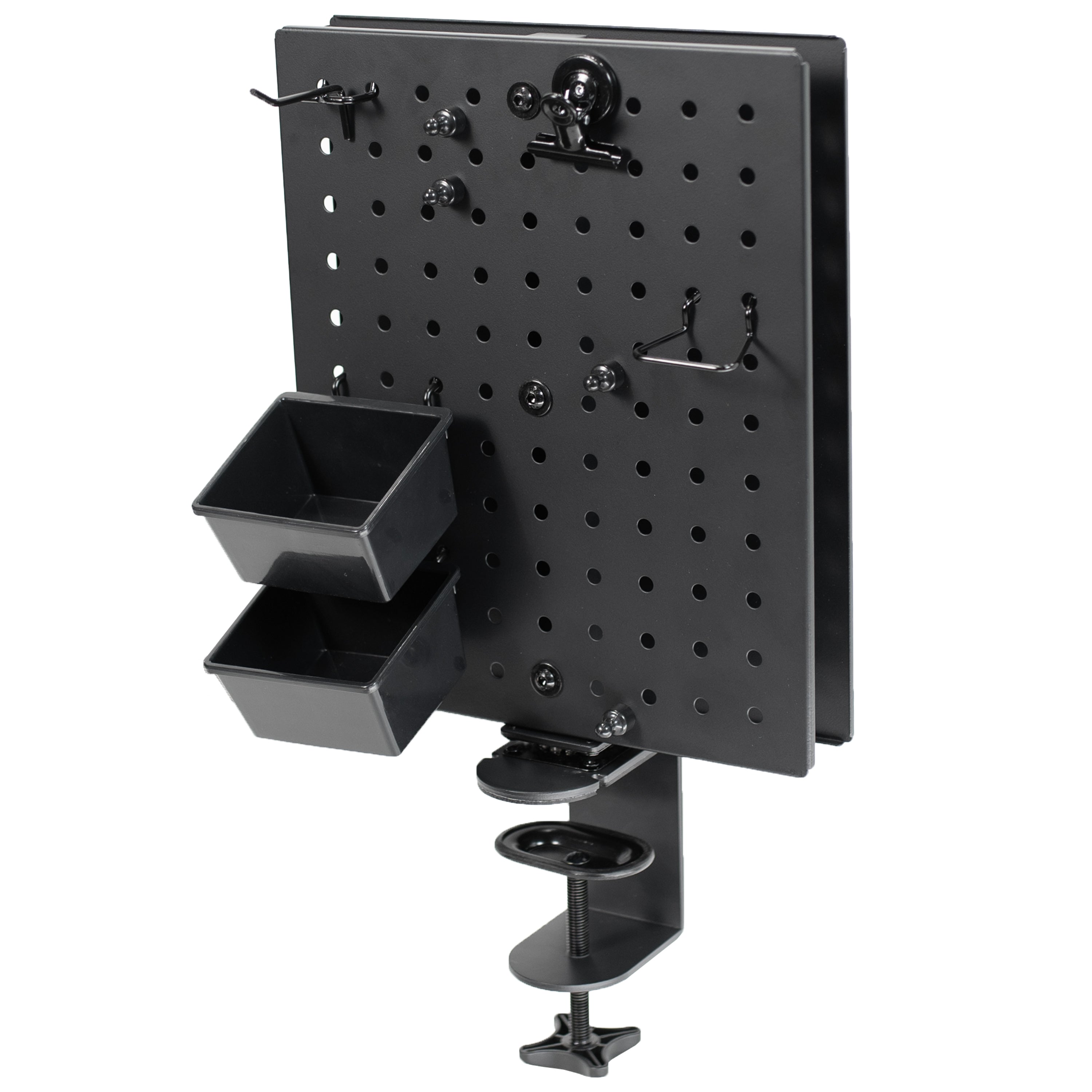 Clamp-on rotating pegboard for storage and privacy with accessories included. Double-sided organization panel featuring flexible placement and an easy assembly process.